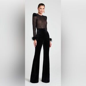Nadine Merabi Monique Black Velvet Lace Feather Cuff Jumpsuit US 6 NWOT